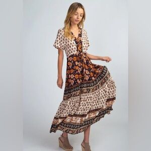 Bohemian Floral Maxi Dress in Cream and Black